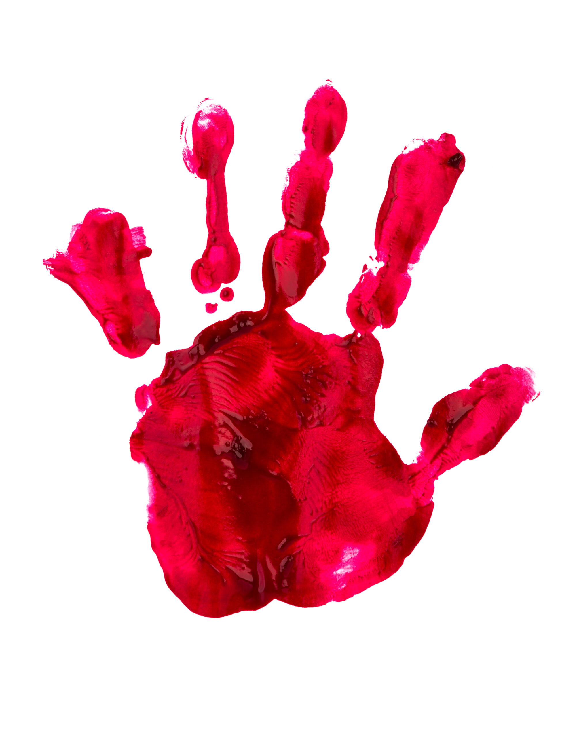 Bloody print of a hand and fingers on white wall